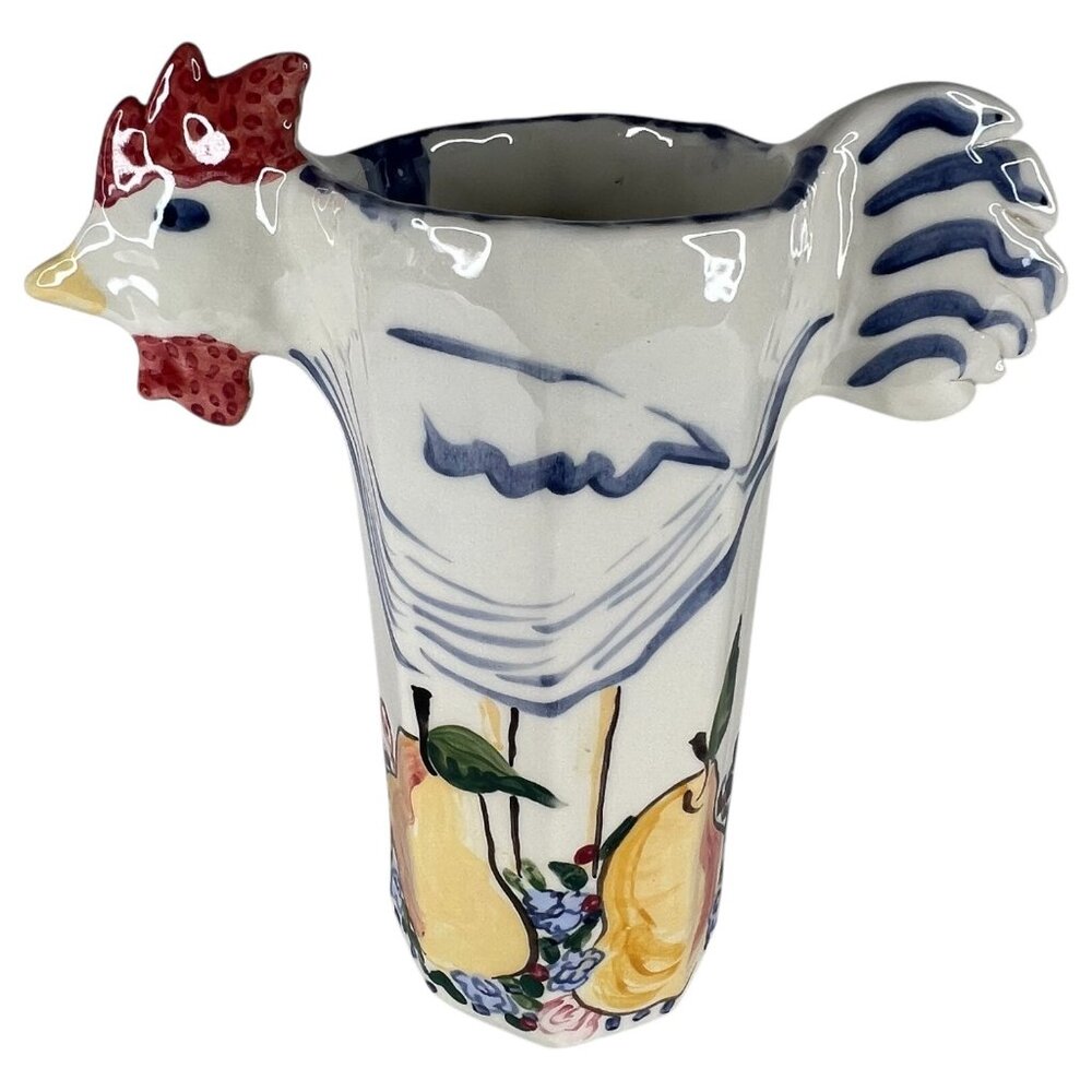 Gritter & Von Noord Rooster & Pear Pitcher Vase Signed Ceramic Hand Painted 11.5